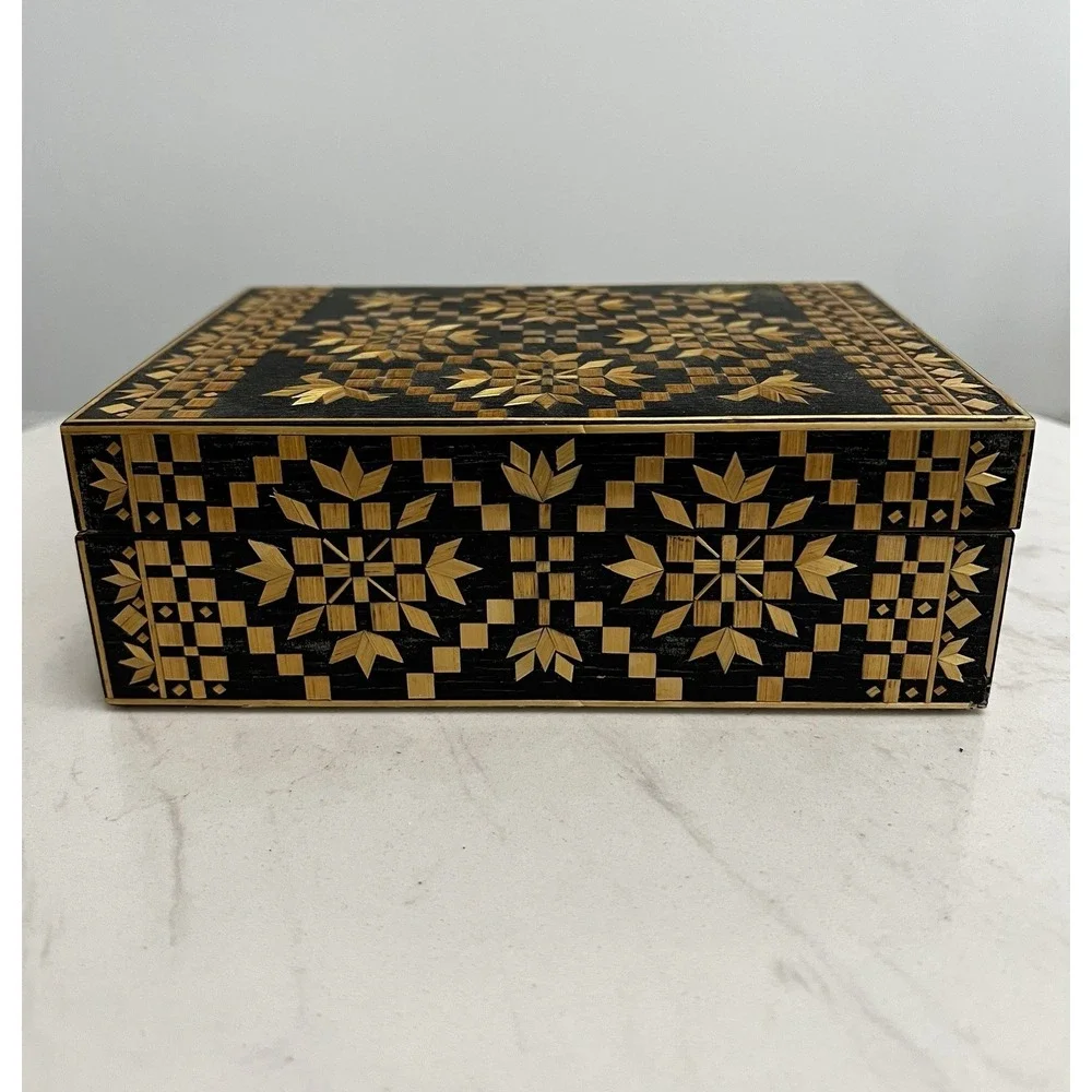Vtg USSR Straw Marquetry Inlay Wood Jewelry Trinket Box Russia Folk Art Boho